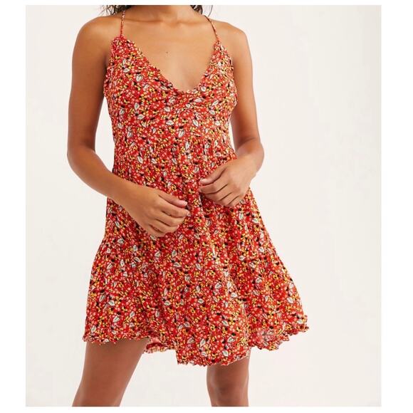 Intimately By Free People Women's Red Floral Tie Back Mini Dress Size M - Picture 1 of 10